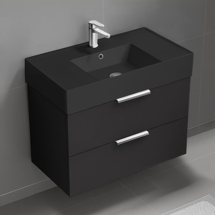 Nameeks DERIN245 Black Bathroom Vanity With Black Sink, Floating, Modern, 32 Inch